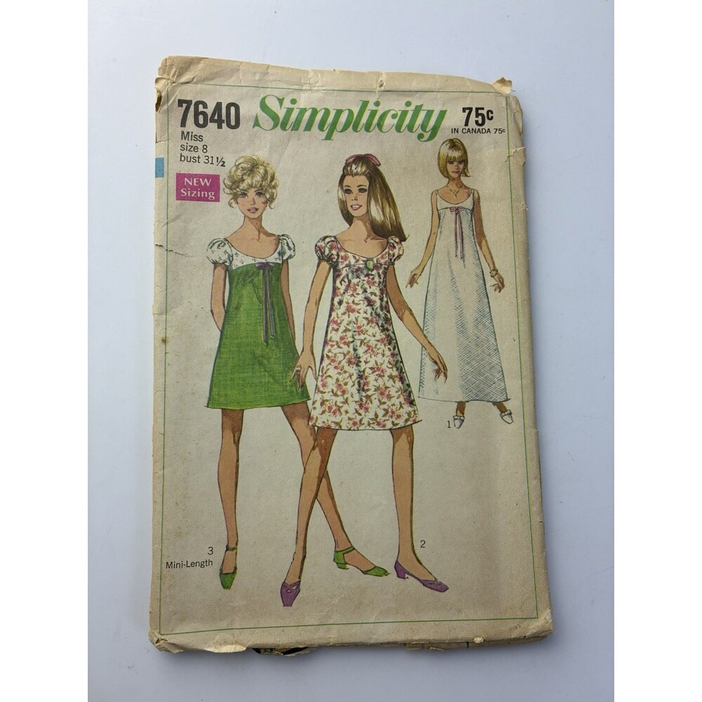 Dress Empire Waist A-Line Size 8 CUT Pattern 7640 Vtg 60s Bow Sleeveless Bust 31